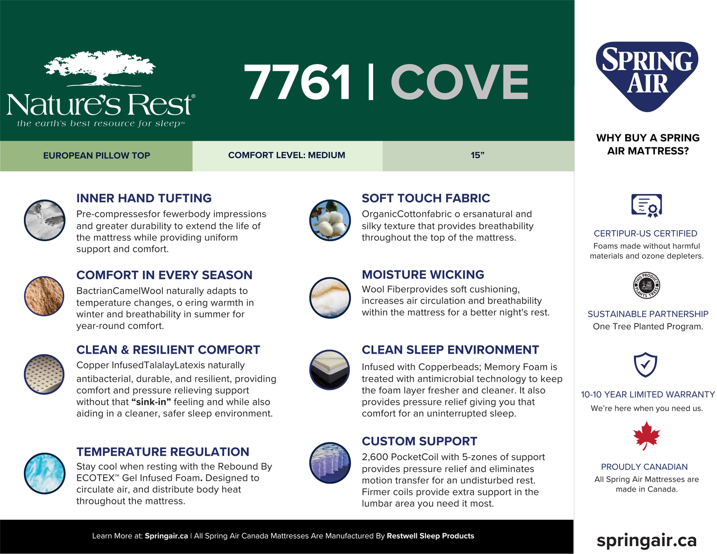 Nature’s Rest 15” Cove Euro Top Medium Mattress | Canadian Made Mattress
