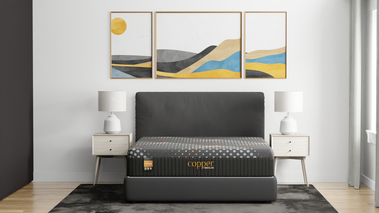 Gray mattress with 'Copper' branding in a bedroom setting with abstract wall art.