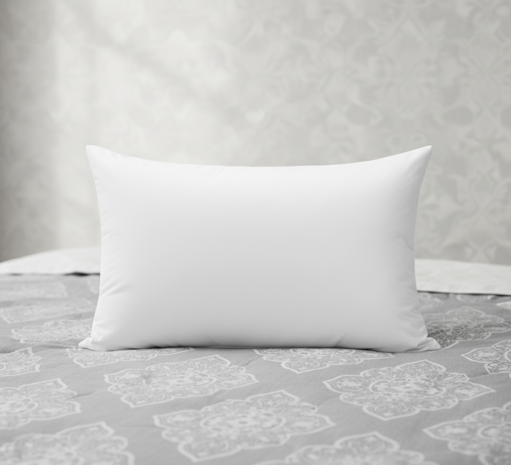 White pillow on a gray patterned bedspread