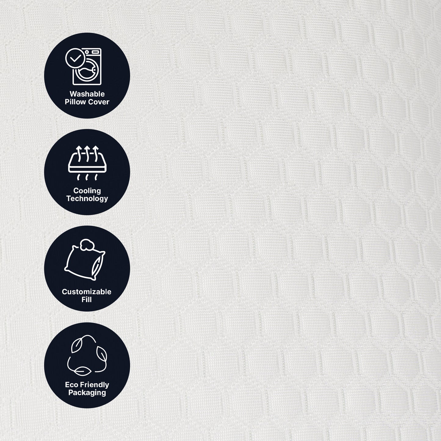 ghostpillow with icons and text indicating washable pillow cover, cooling technology, customizable fill, and eco-friendly packaging.
