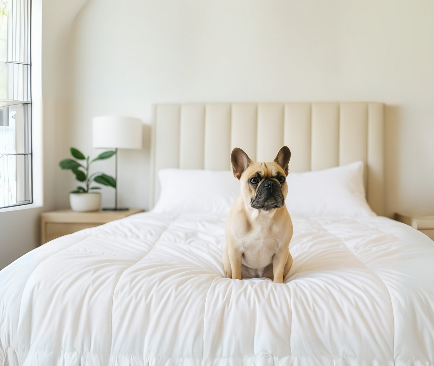Dog sitting on a comforter, duvet in a bright bedroom