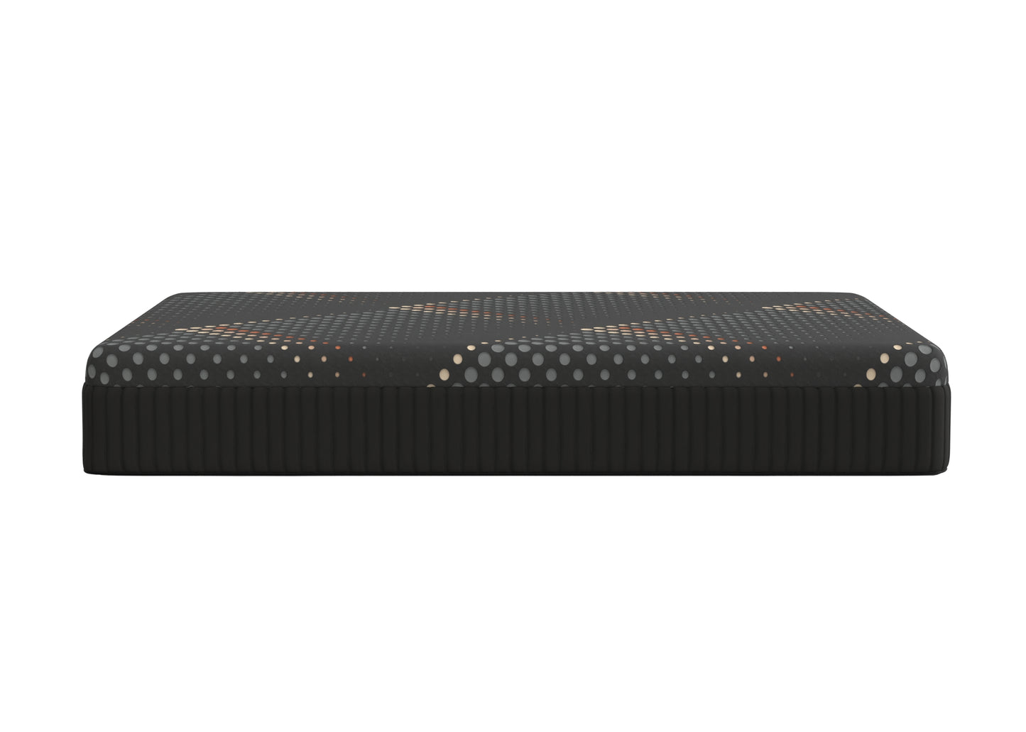 Black copper mattress side ways with a pattern on a white background