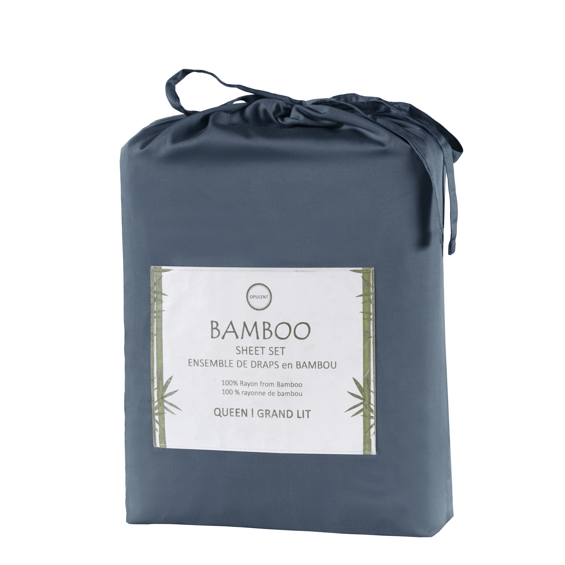 Bamboo sheet set packaging with label on a white background
