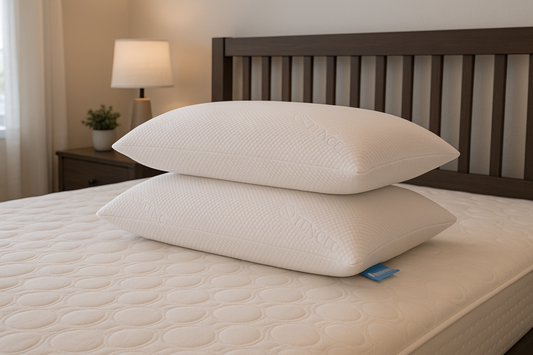 Two pillows on a bed with a wooden headboard and lamp in the background.