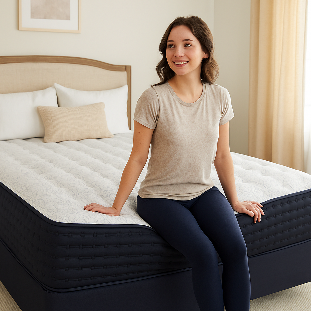 Woman sitting on a mattress in a bedroom