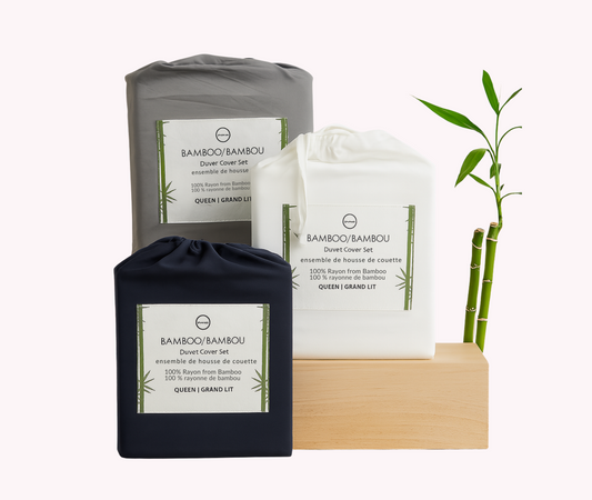 Bamboo bedding set with packaging on a white background