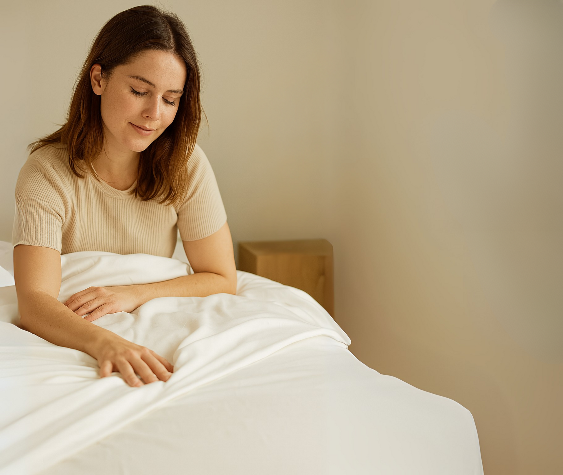 Woman sitting on a bed with white bedding in a softly lit room.