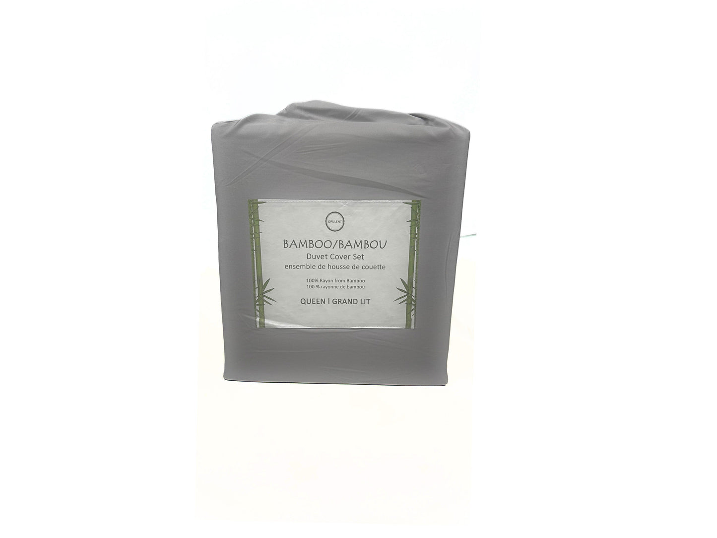 Folded gray bamboo duvet cover set with label on a white background