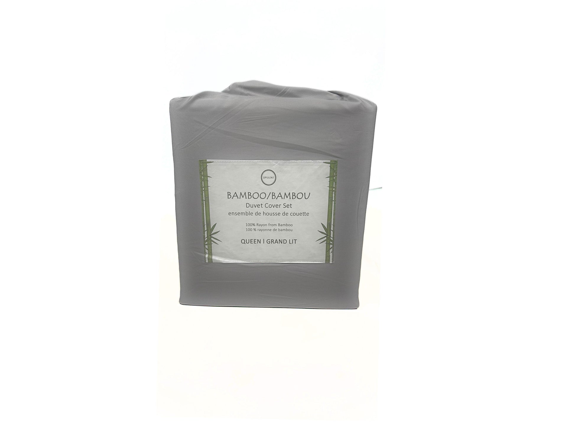 Folded gray bamboo duvet cover set with label on a white background