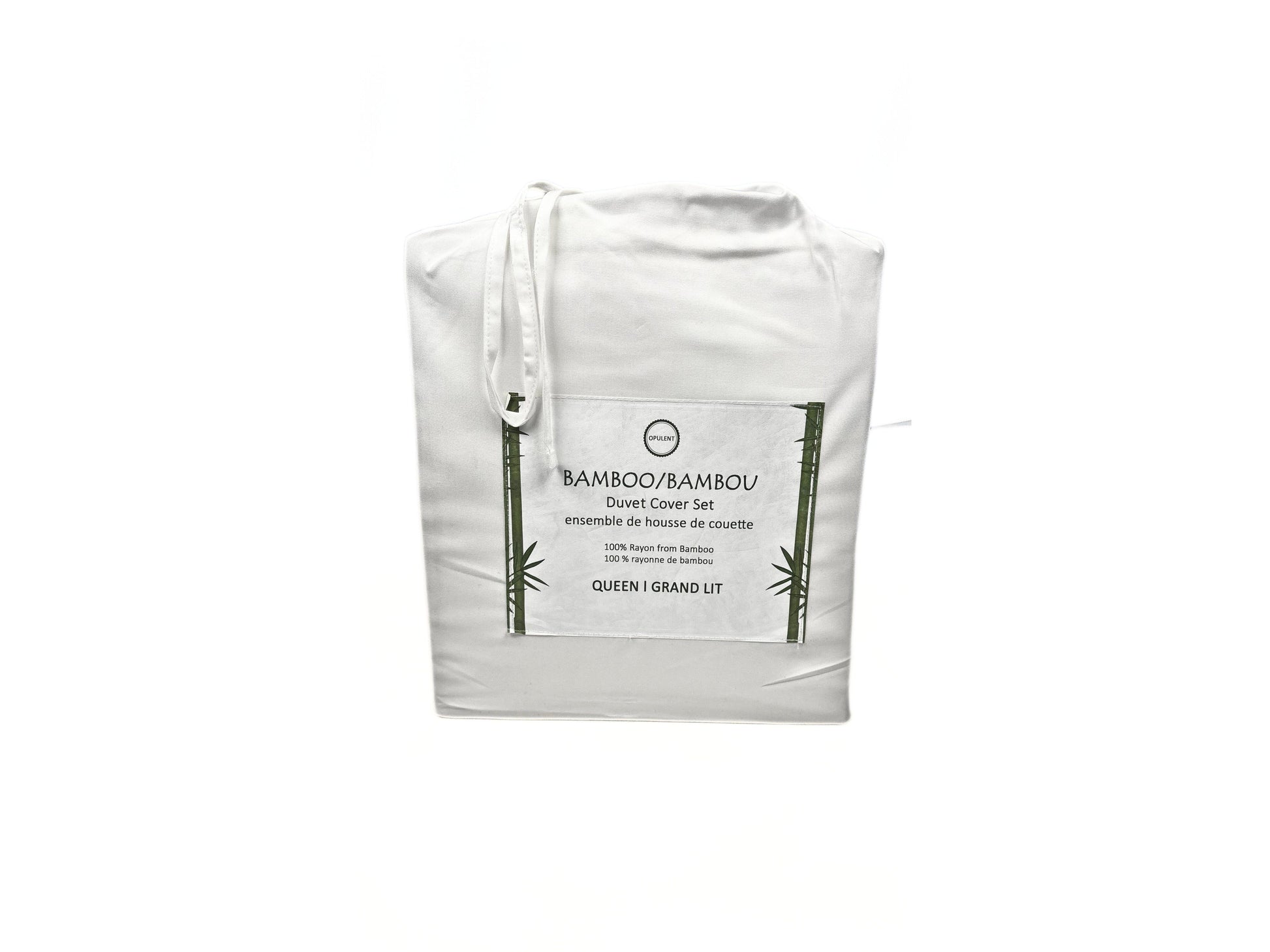 White duvet cover set with bamboo design and text on a white background