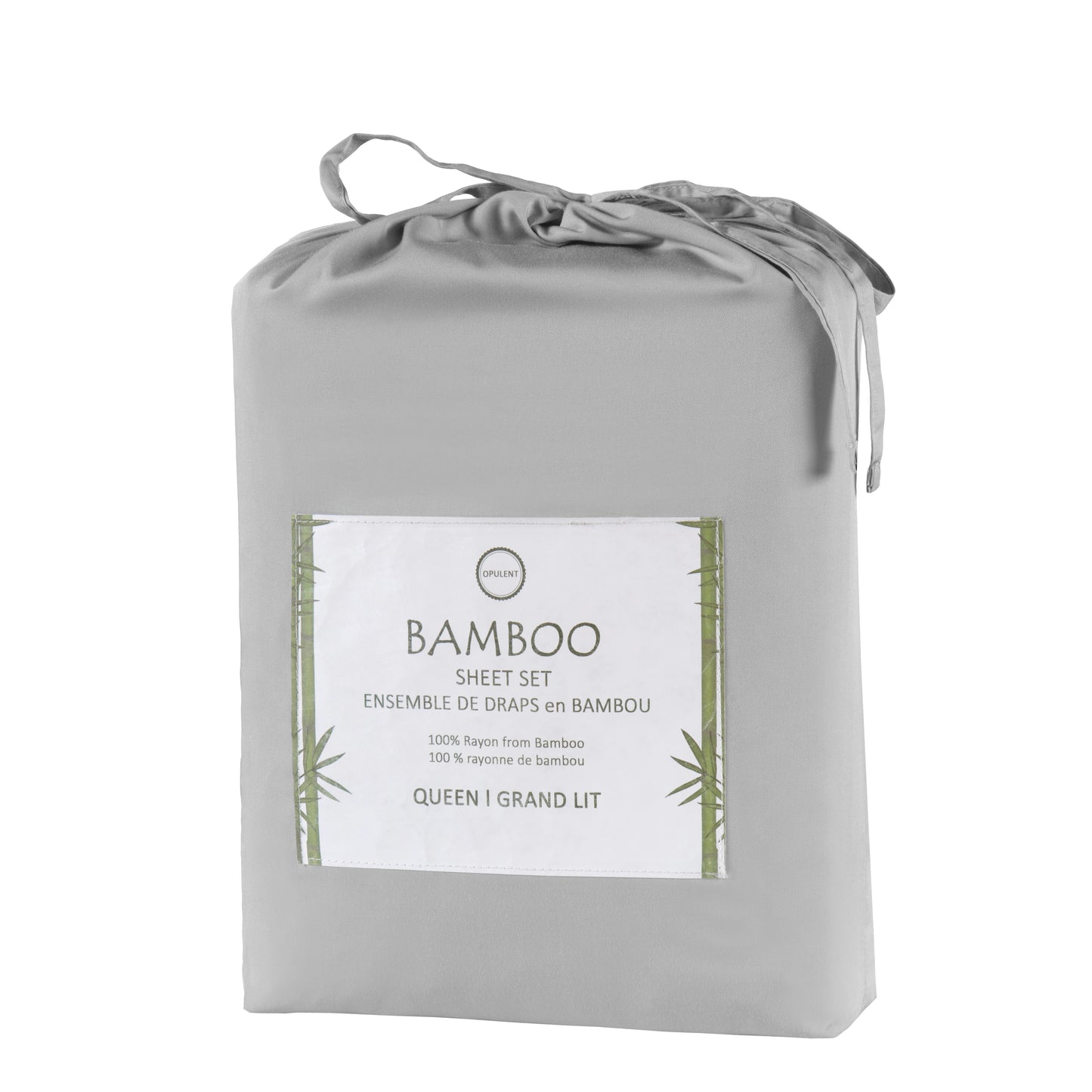 Bamboo sheet set packaging with label on a white background