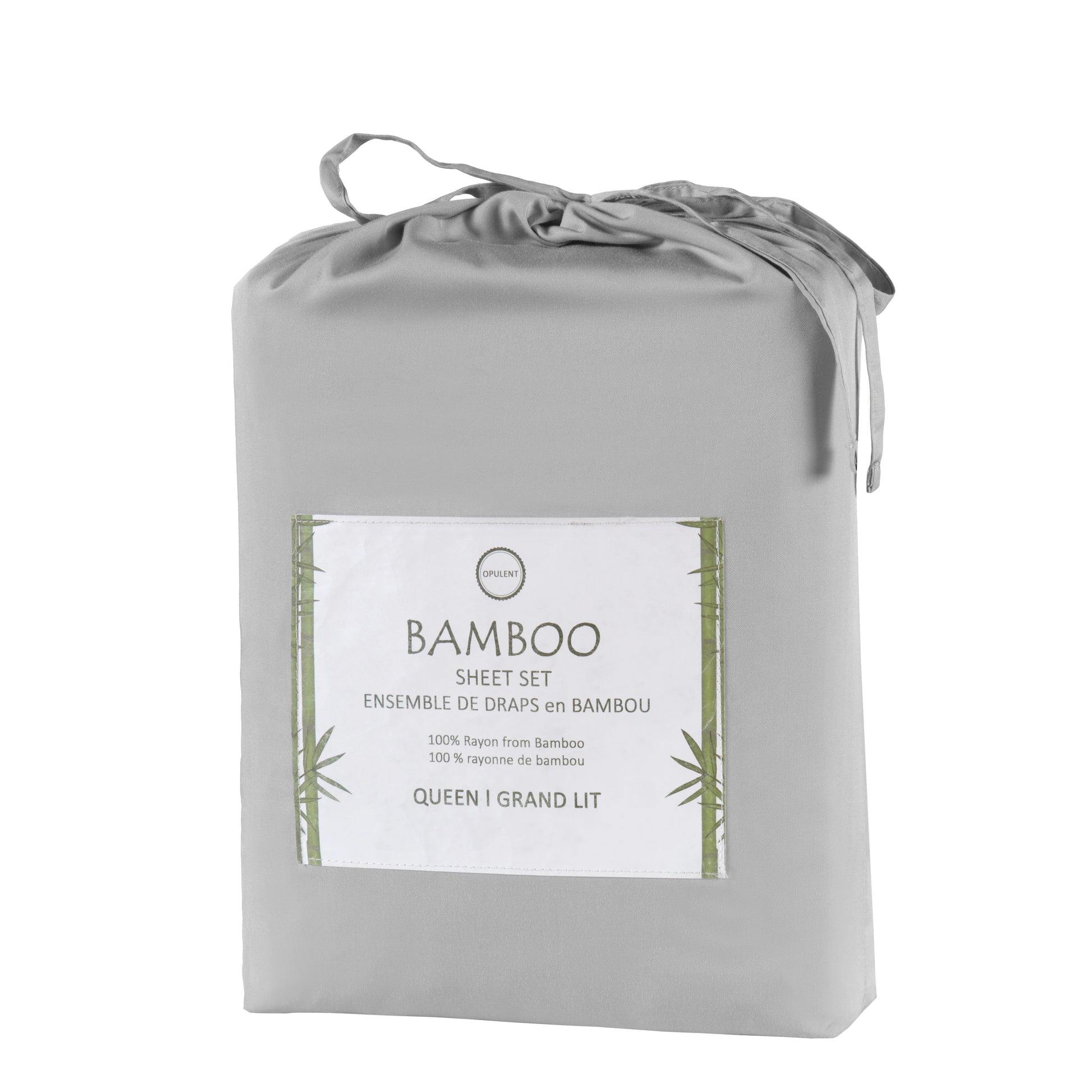 Bamboo sheet set packaging with label on a white background