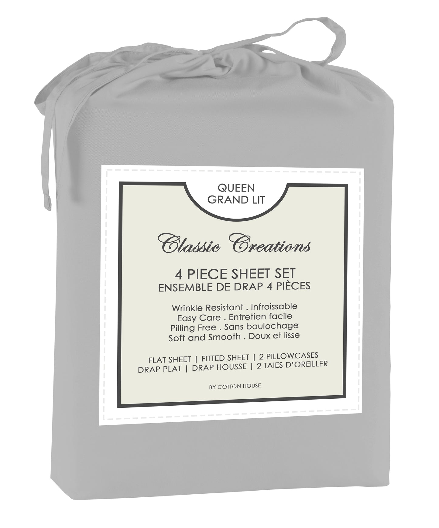 Gray sheet set packaging with 'Classic Creations' label on a white background