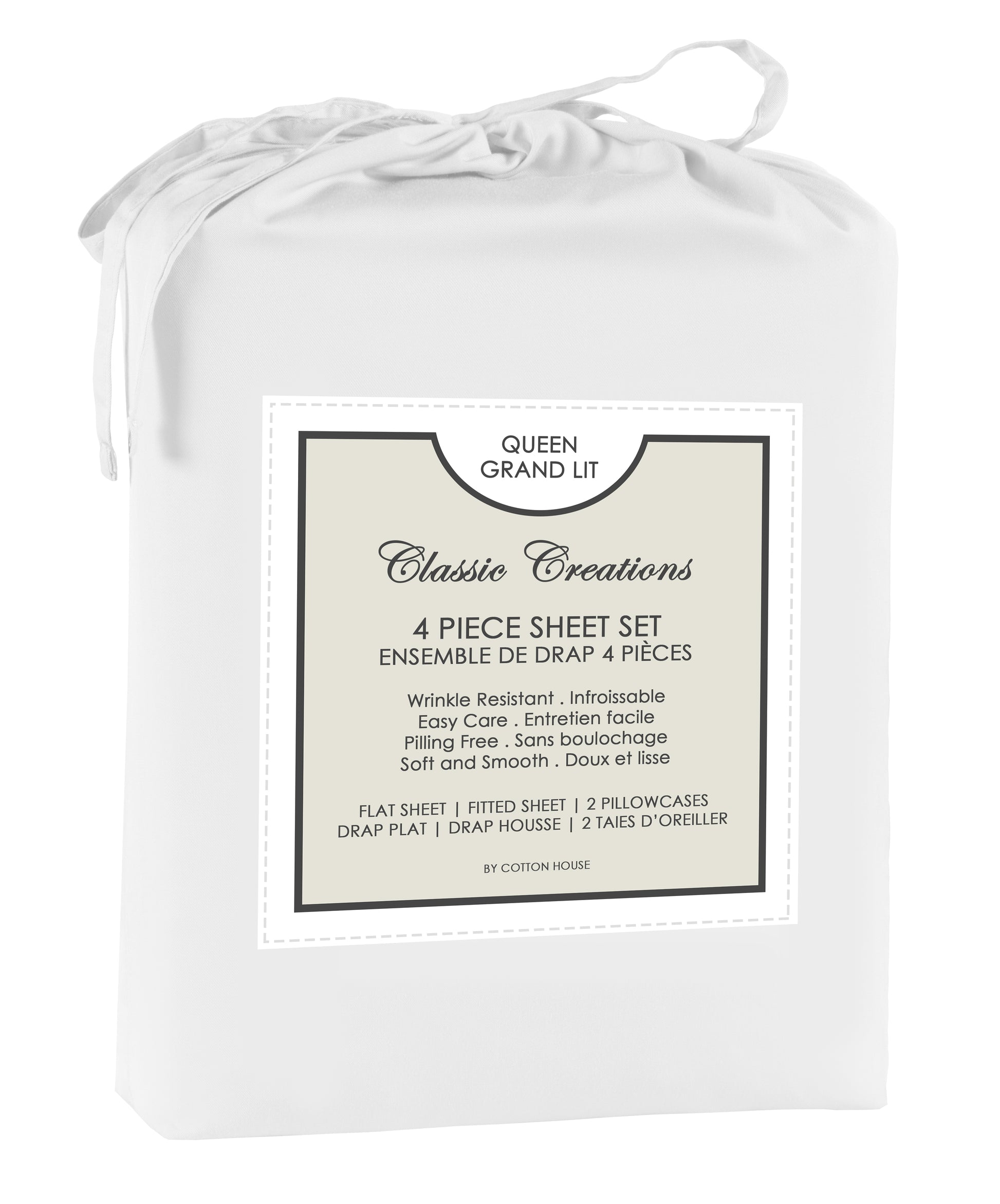 White sheet set packaging with 'Classic Creations' label on a white background