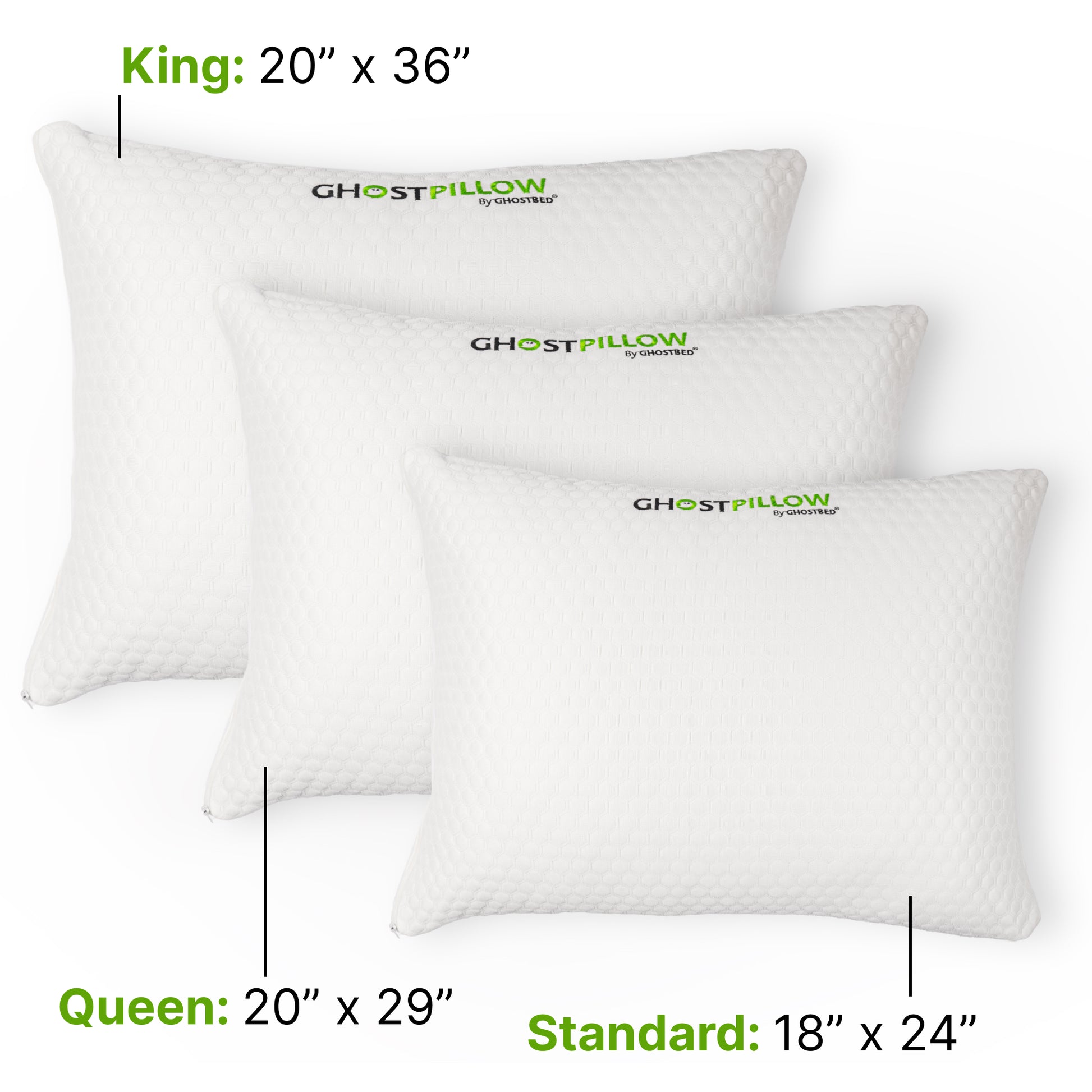 Three Ghostpillow pillows with dimensions labeled on a white background