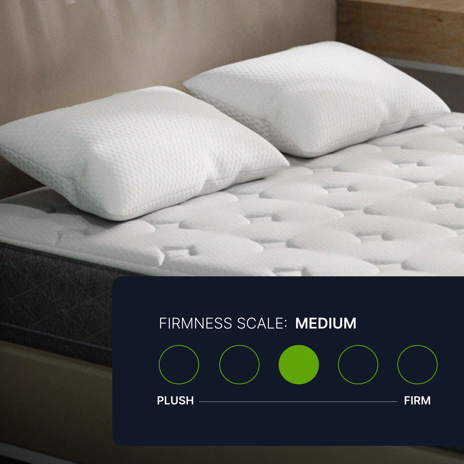 Mattress with two GhostBed pillows on a bed, showing a firmness scale label.