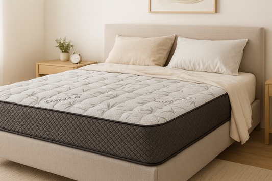 Mattress on a bed in a bedroom setting with a neutral color scheme.