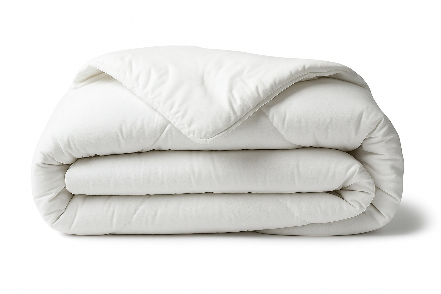 Folded white comforter on a white background