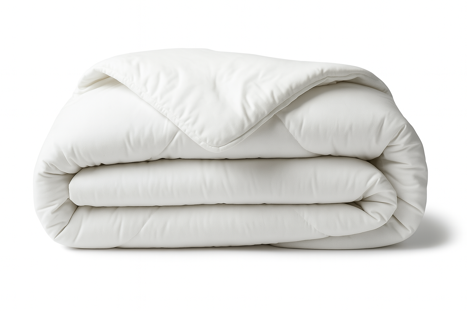 Folded white comforter on a white background