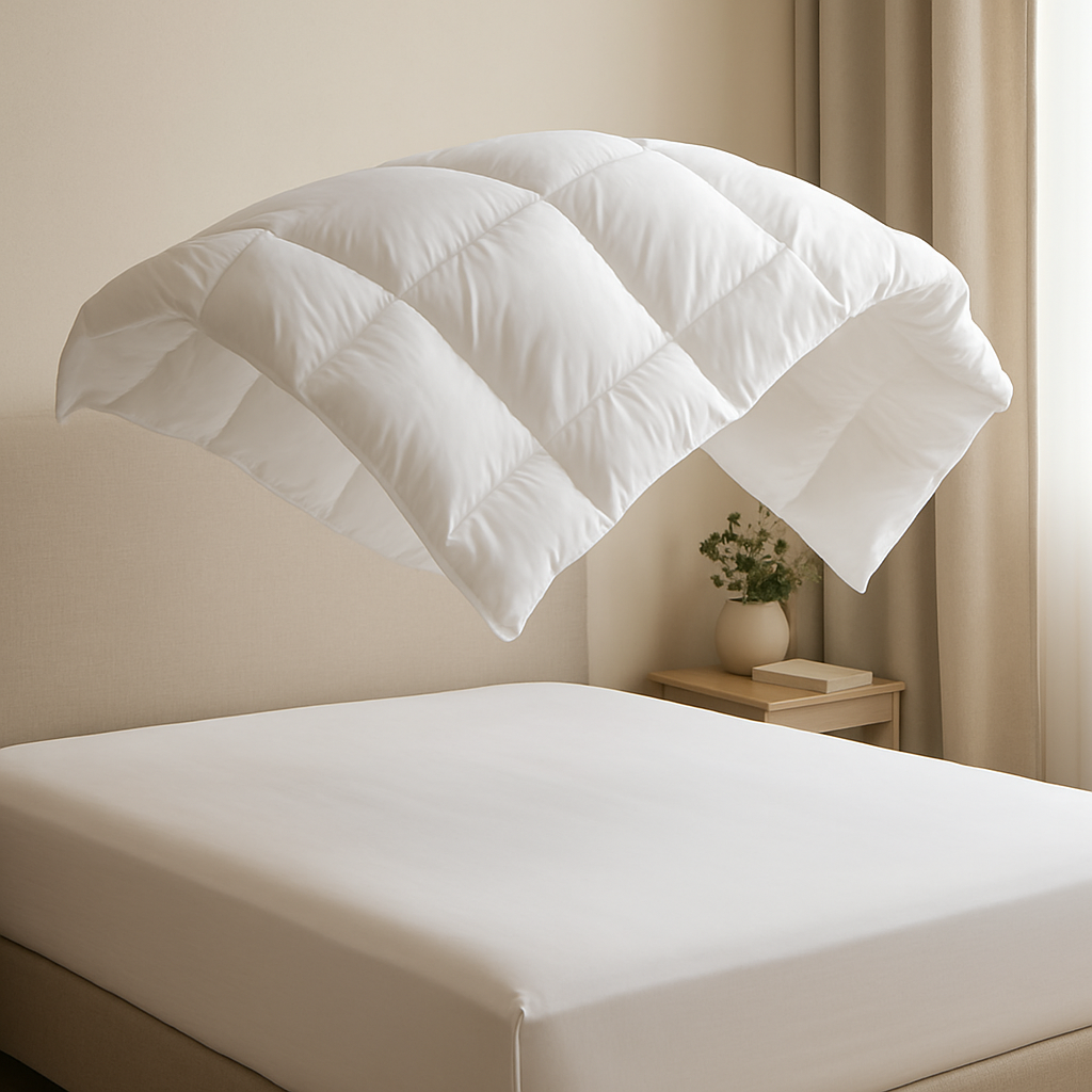 White comforter on a bed with a neutral background