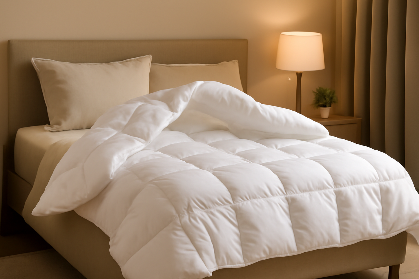 White comforter on a bed in a bedroom setting with a lamp and plant.