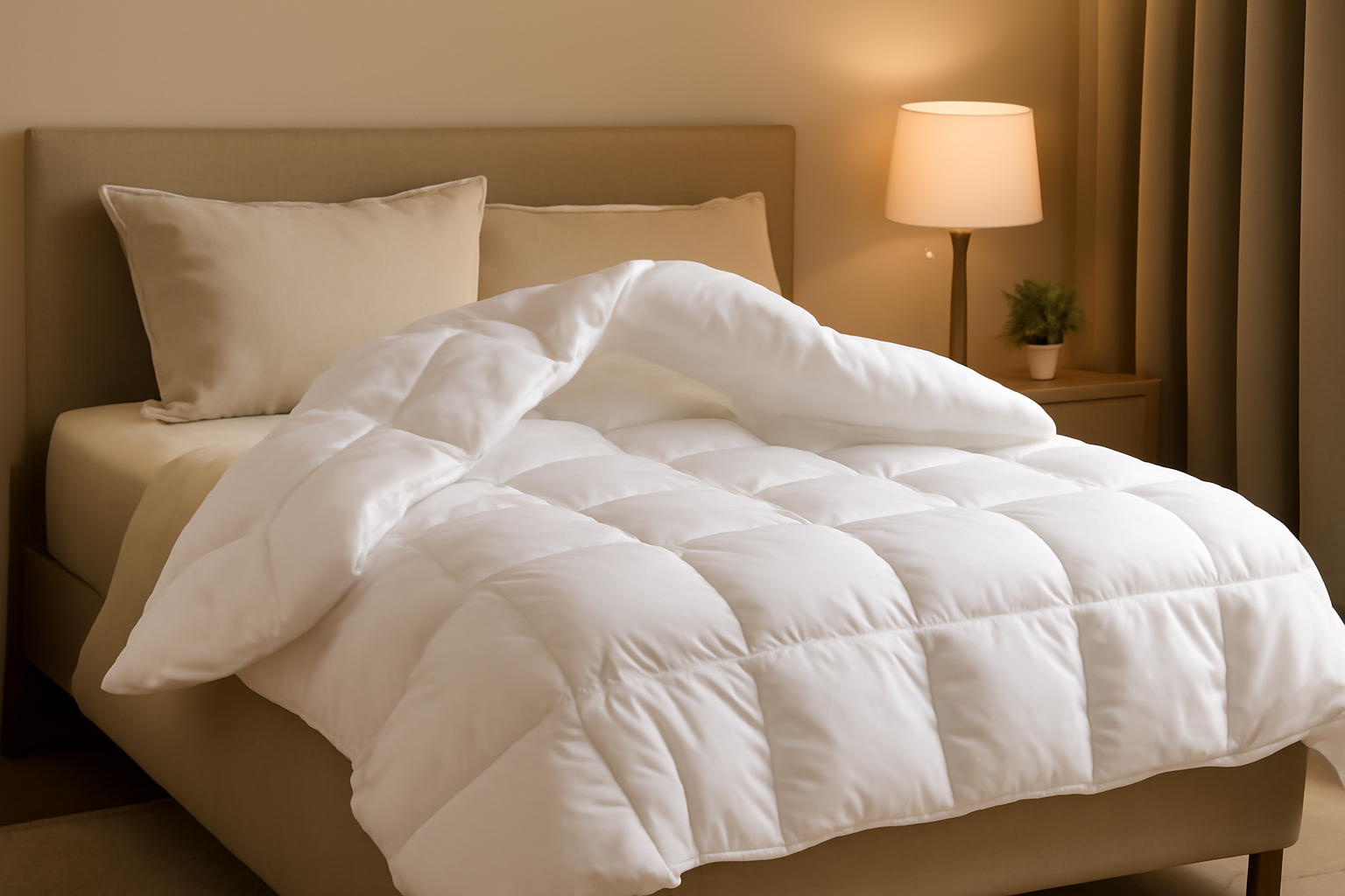 White comforter on a bed in a bedroom setting with a lamp and plant.
