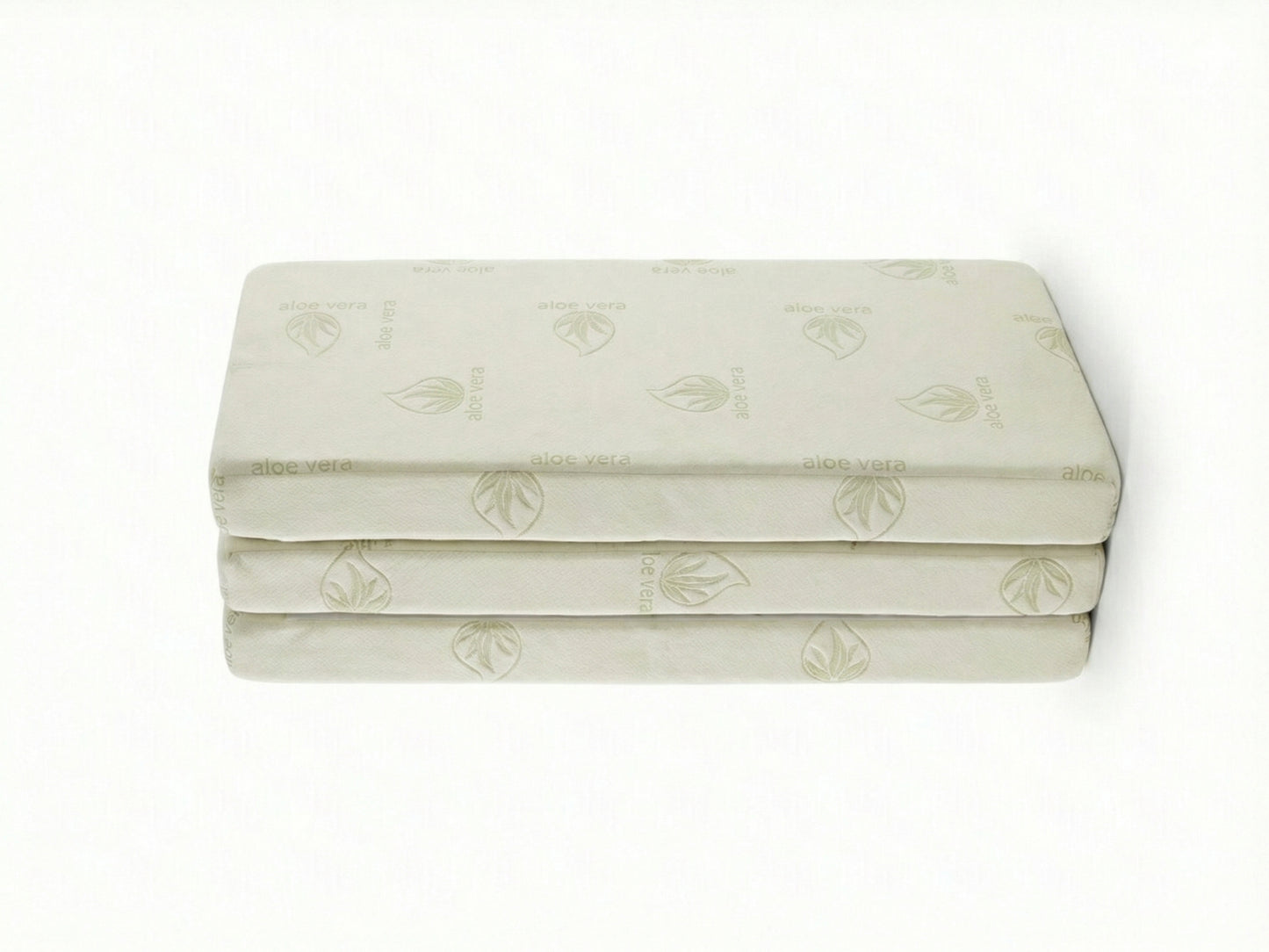 Folded tri-fold mattress with subtle pattern on a white background