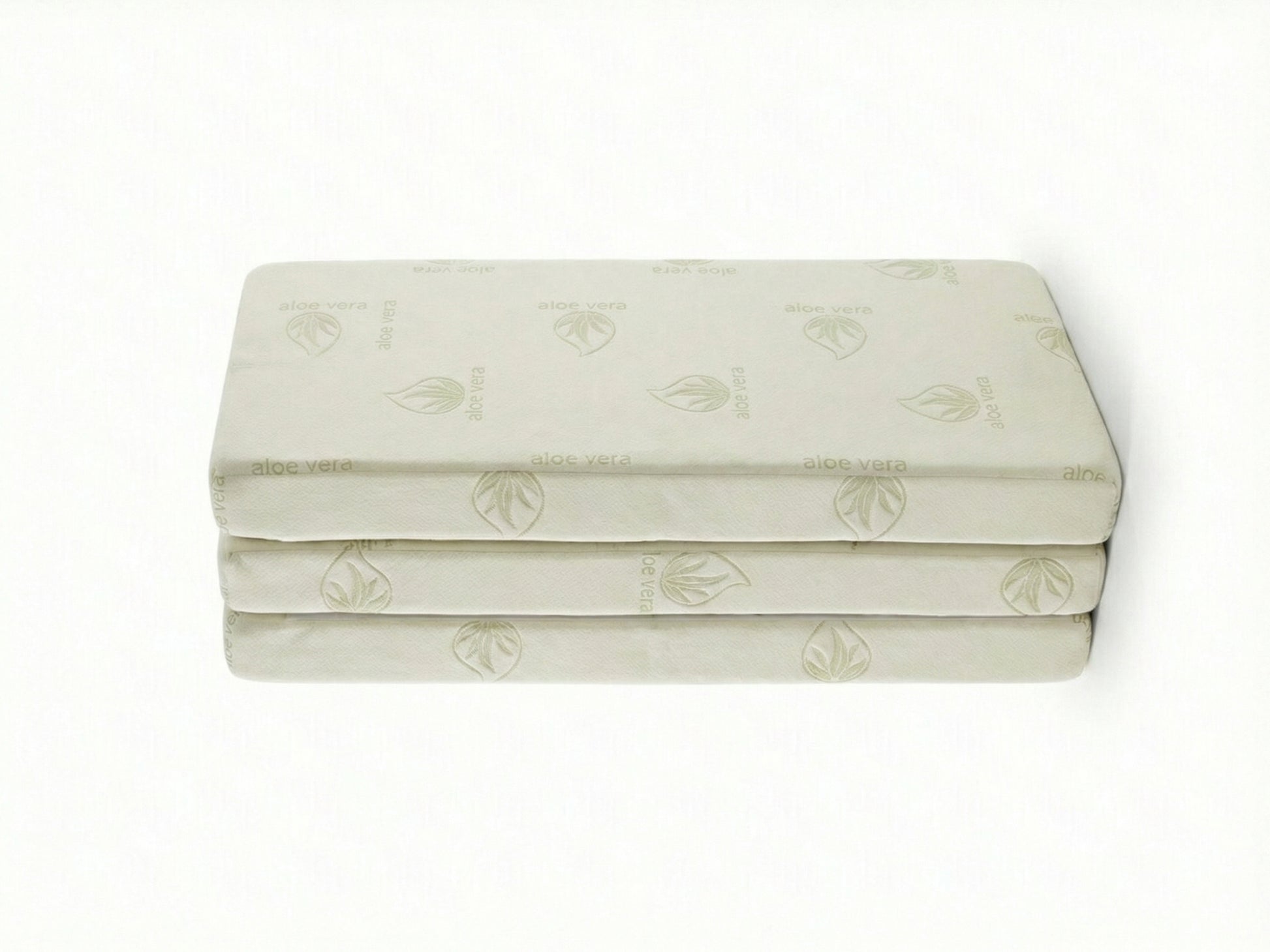 Folded tri-fold mattress with subtle pattern on a white background