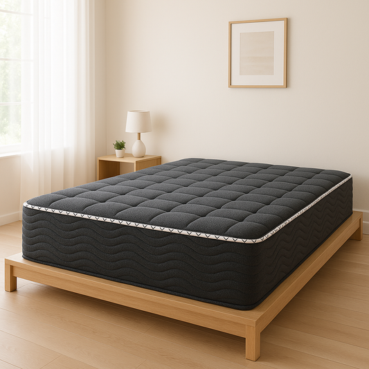 King Koil Spine Support 11-inch tight top mattress on wooden platform bed in styled bedroom with soft lighting, bare without bedding.