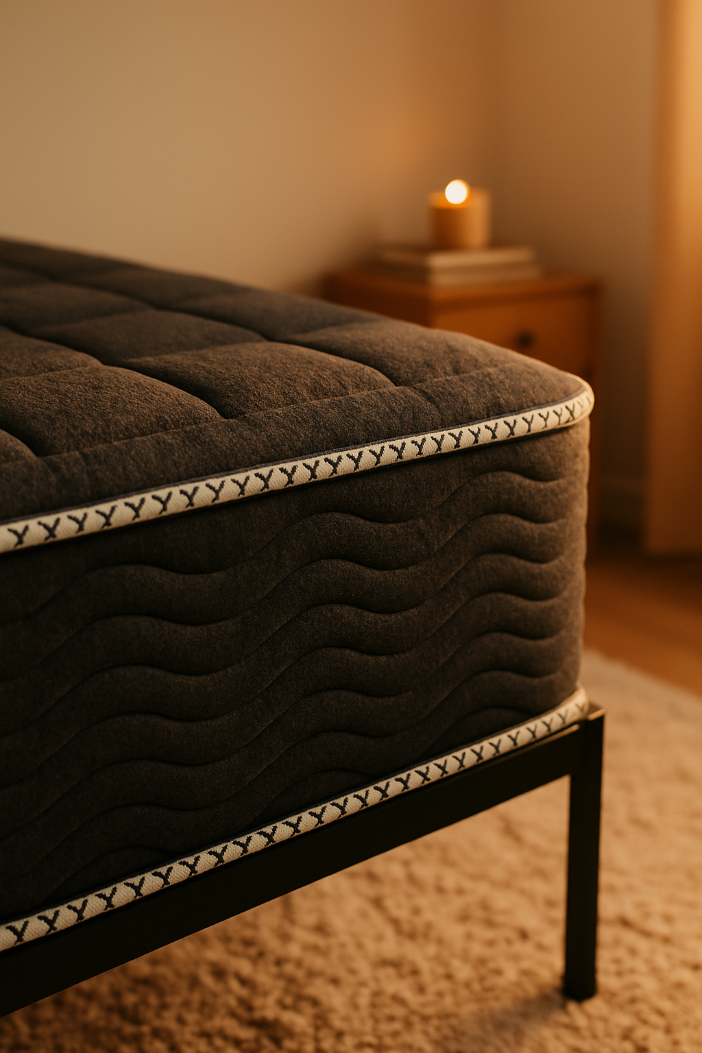 Corner close-up of King Koil Spine Support 11-inch tight top mattress in warm-toned bedroom lighting.