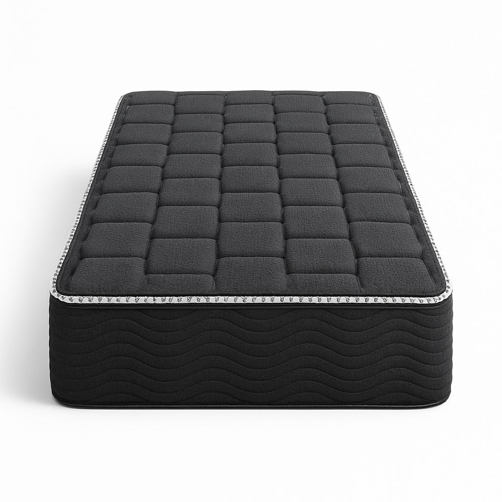 Front view of King Koil Spine Support 11-inch tight top mattress showing full quilted charcoal top and white patterned piping.