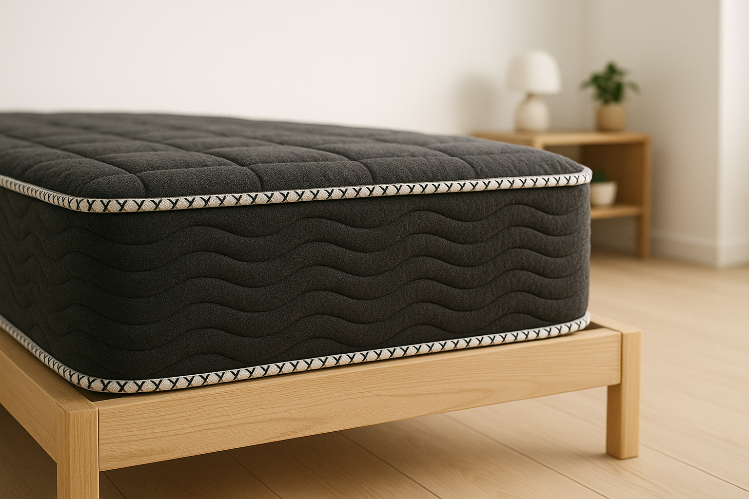 Black mattress on a wooden bed frame in a room with a lamp and plant.
