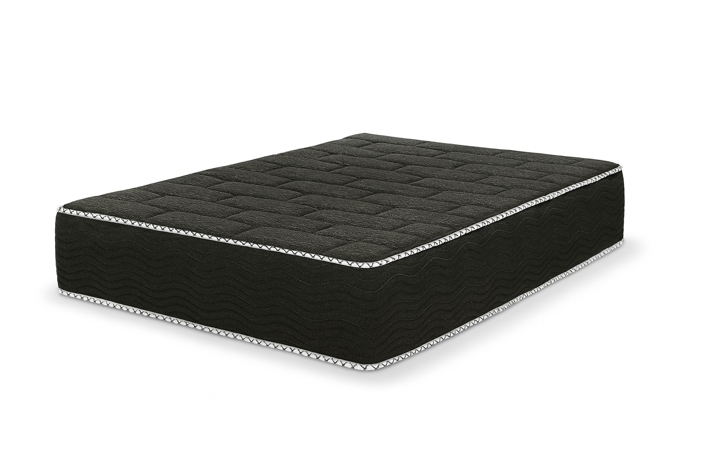 Three-quarter angle view of King Koil Spine Support 11-inch tight top mattress with charcoal quilted surface and white piping.