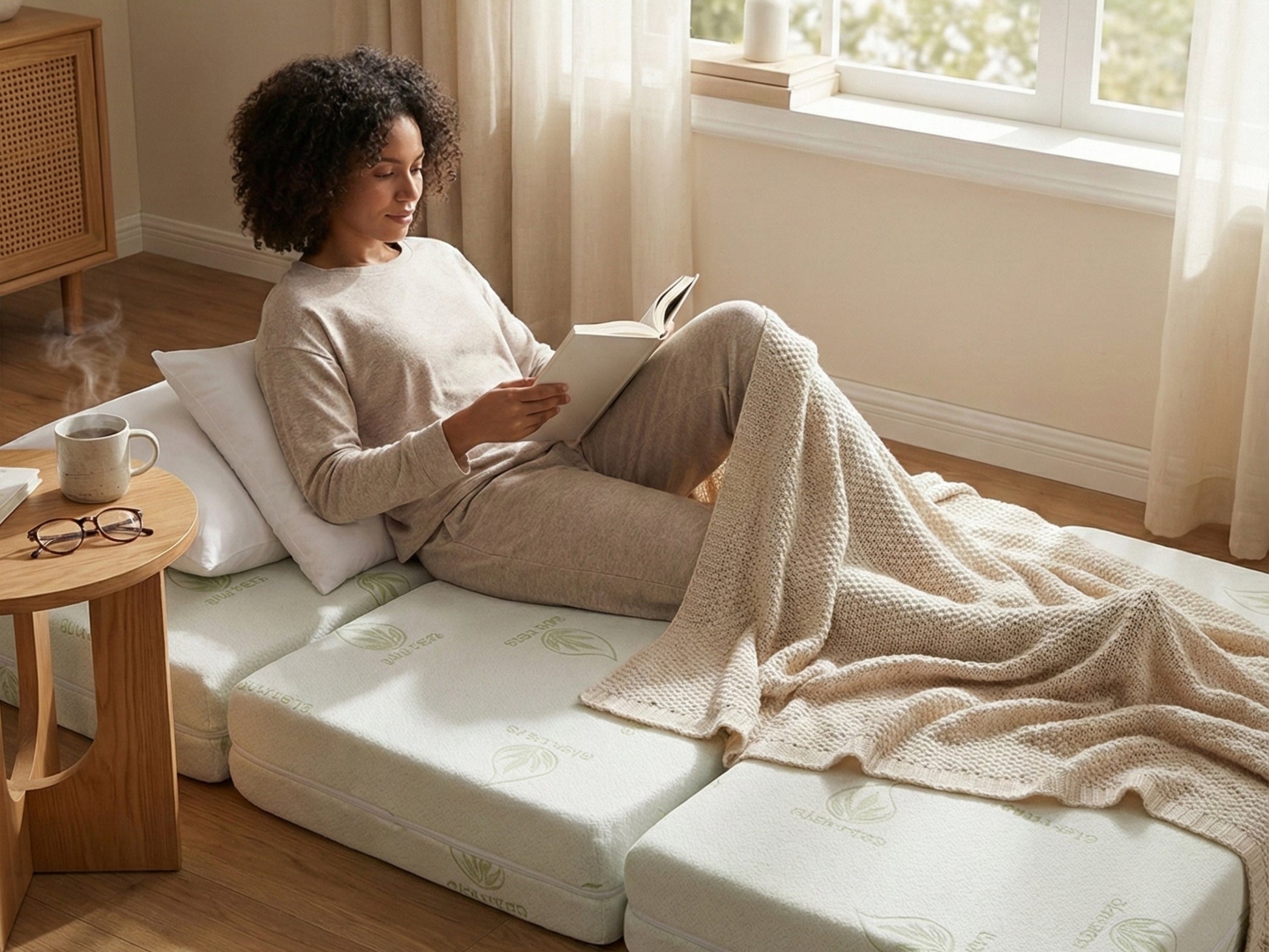 A woman relaxing and reading a book on a comfortable beige tri-fold mattress with an aloe vera pattern, laid out on a wooden floor in a cozy room.