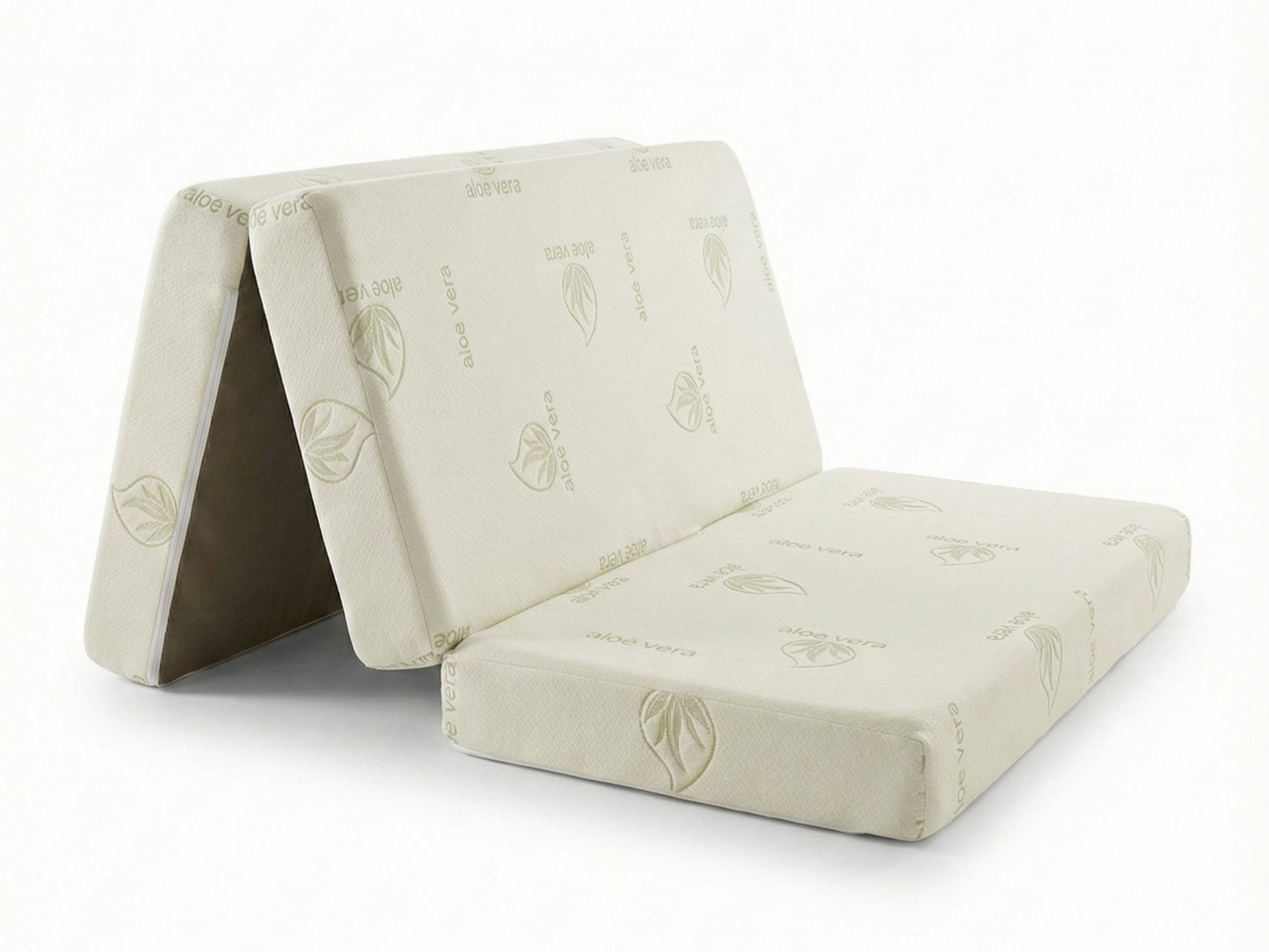 Tri-fold mattress propped up in a seated lounger or chair configuration against a white background, showing the versatility of the fold.