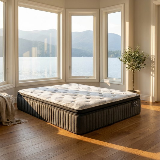 Mattress on a wooden floor with large windows showing a scenic view of mountains and water.