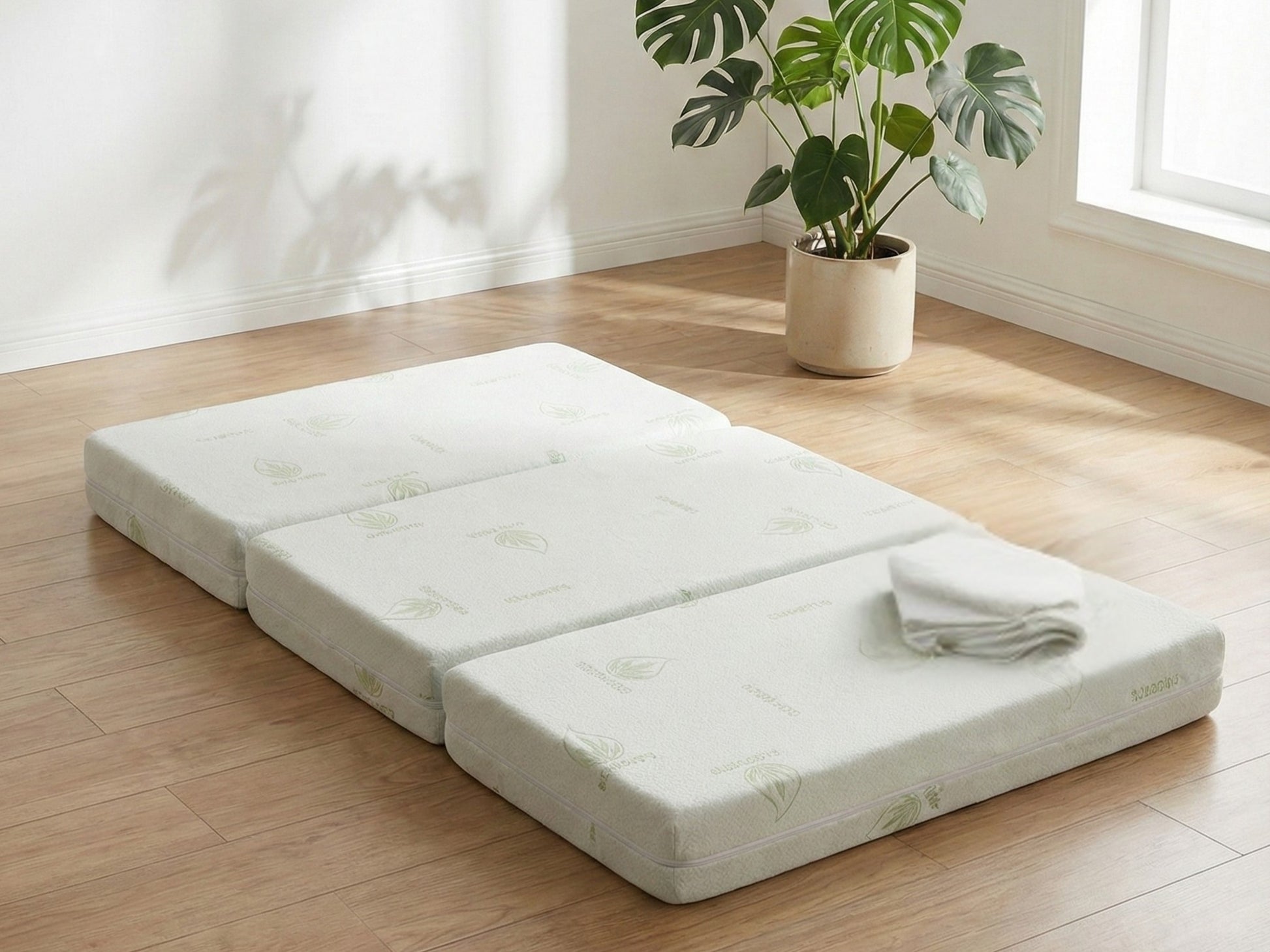 Foldable mattress on a wooden floor with a plant in the background